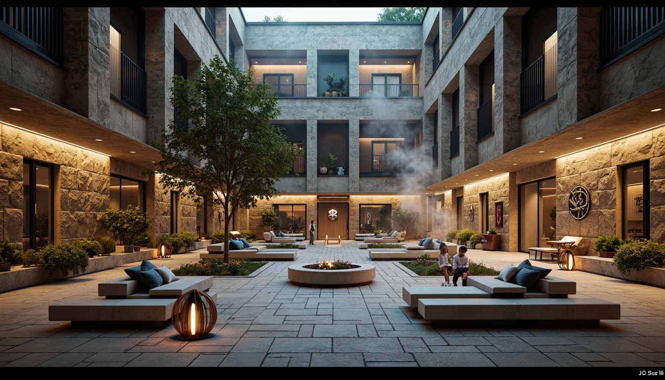 Prompt: Monastic courtyard, rustic stone walls, minimalist benches, futuristic LED lighting, sleek metal accents, sacred symbols, abstract murals, ambient fog effects, misty atmosphere, atmospheric soundscapes, reverberating echoes, innovative seating systems, curvaceous lines, avant-garde sculptures, recycled materials, eco-friendly textiles, luminous orbs, holographic projections, 3D-printed furnishings, parametric design, algorithmic patterns, soft warm glow, shallow depth of field, panoramic view, cinematic composition.