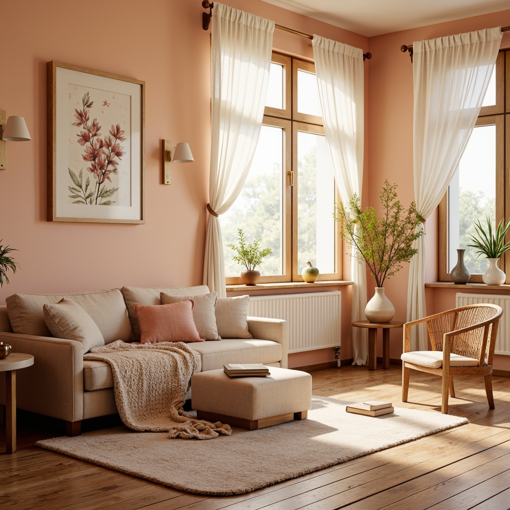 Prompt: Warm peach tones, soft pastel hues, creamy whites, rich wood accents, natural textiles, cozy ambiance, inviting atmosphere, intimate spaces, plush furnishings, velvet fabrics, golden lighting, warm beige walls, rustic wooden floors, elegant decor, subtle patterns, delicate florals, whimsical illustrations, watercolor textures, dreamy mood, shallow depth of field, 1/2 composition, soft focus, romantic setting.