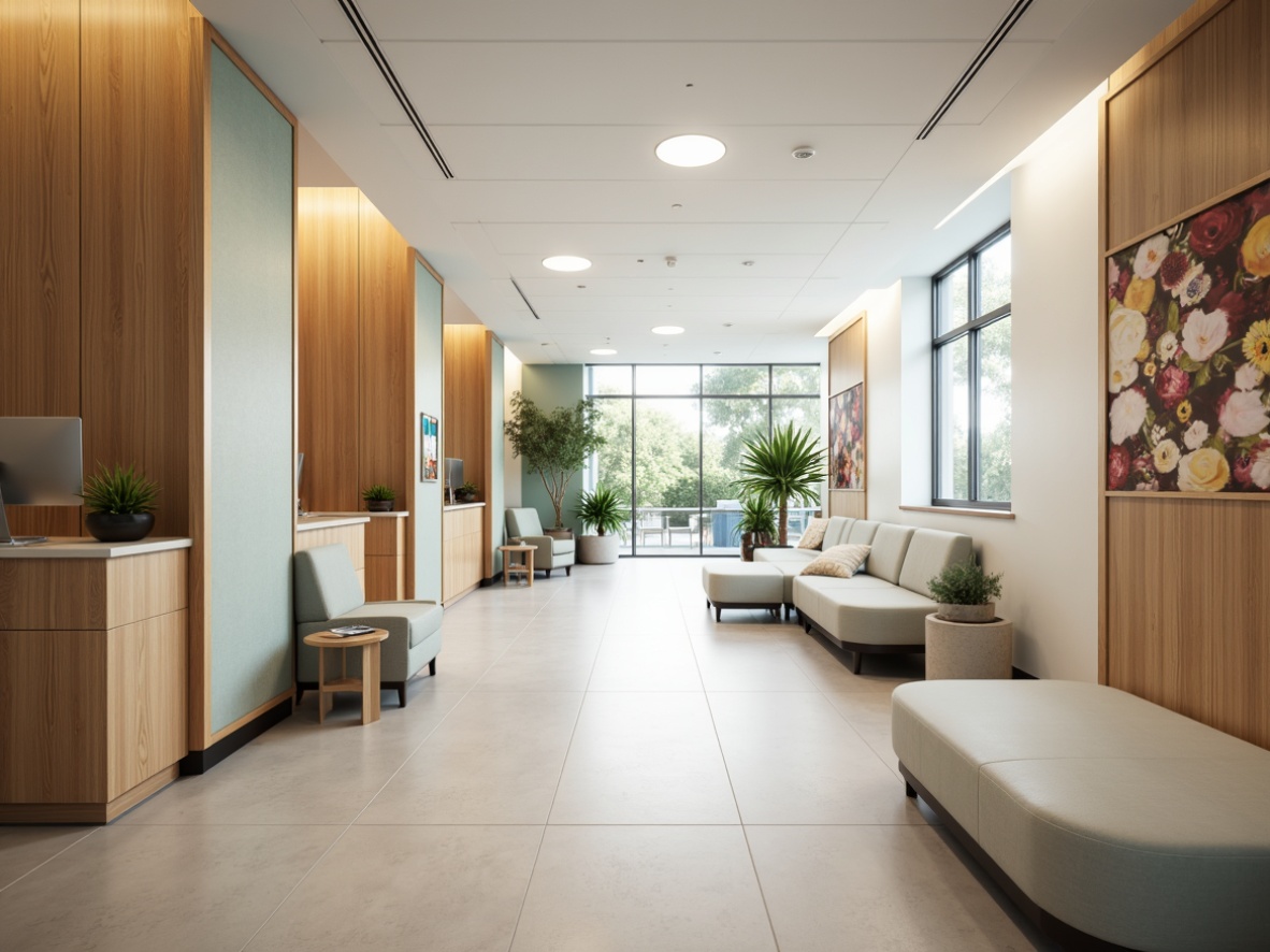 Prompt: Modern hospital interior, calming atmosphere, natural light, wooden accents, comfortable waiting areas, sleek reception desks, gentle curves, soothing color schemes, functional furnishings, ergonomic seating, adjustable lighting systems, acoustic panels, minimalist decor, advanced medical equipment, private patient rooms, soft pastel colors, warm flooring, serene ambiance, shallow depth of field, 1/2 composition, realistic textures, ambient occlusion.