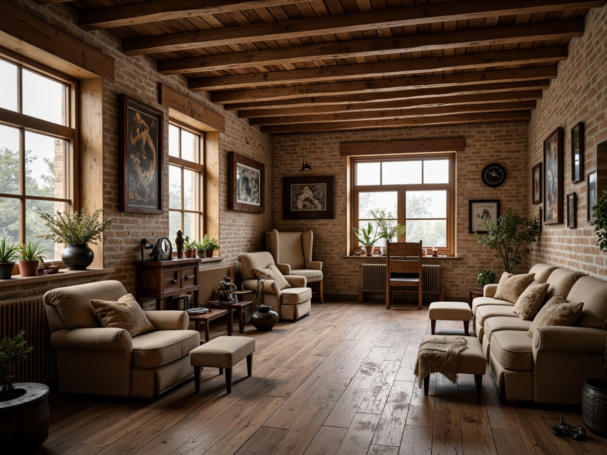 Prompt: Rustic farmhouse style museum, vintage furniture pieces, distressed wood tones, natural fabrics, earthy color palette, exposed brick walls, wooden beams, cozy reading nooks, plush armchairs, antique decorations, vintage agricultural tools, potted plants, soft warm lighting, shallow depth of field, 1/2 composition, intimate atmosphere, realistic textures, ambient occlusion.