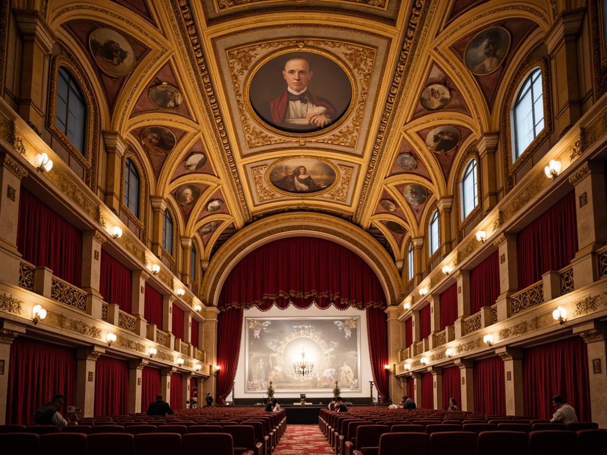 Prompt: Grand auditorium, renaissance-style ceiling design, ornate plasterwork, gilded details, intricate moldings, fresco paintings, crystal chandeliers, majestic arches, vaulted ceilings, ornamental columns, luxurious fabrics, velvet drapes, golden accents, soft warm lighting, dramatic shadows, 1/2 composition, low-angle shot, realistic textures, ambient occlusion.