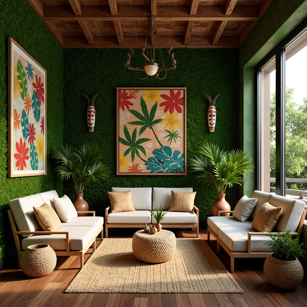 Prompt: Vibrant tropical interior, lush greenery walls, woven bamboo furniture, rattan accents, natural jute rugs, reclaimed wood floors, vibrant floral patterns, colorful tiki masks, exotic plants, soft warm lighting, shallow depth of field, 1/1 composition, realistic textures, ambient occlusion, Hawaiian-inspired textiles, intricate palm tree motifs, earthy terracotta vases, woven wicker baskets.