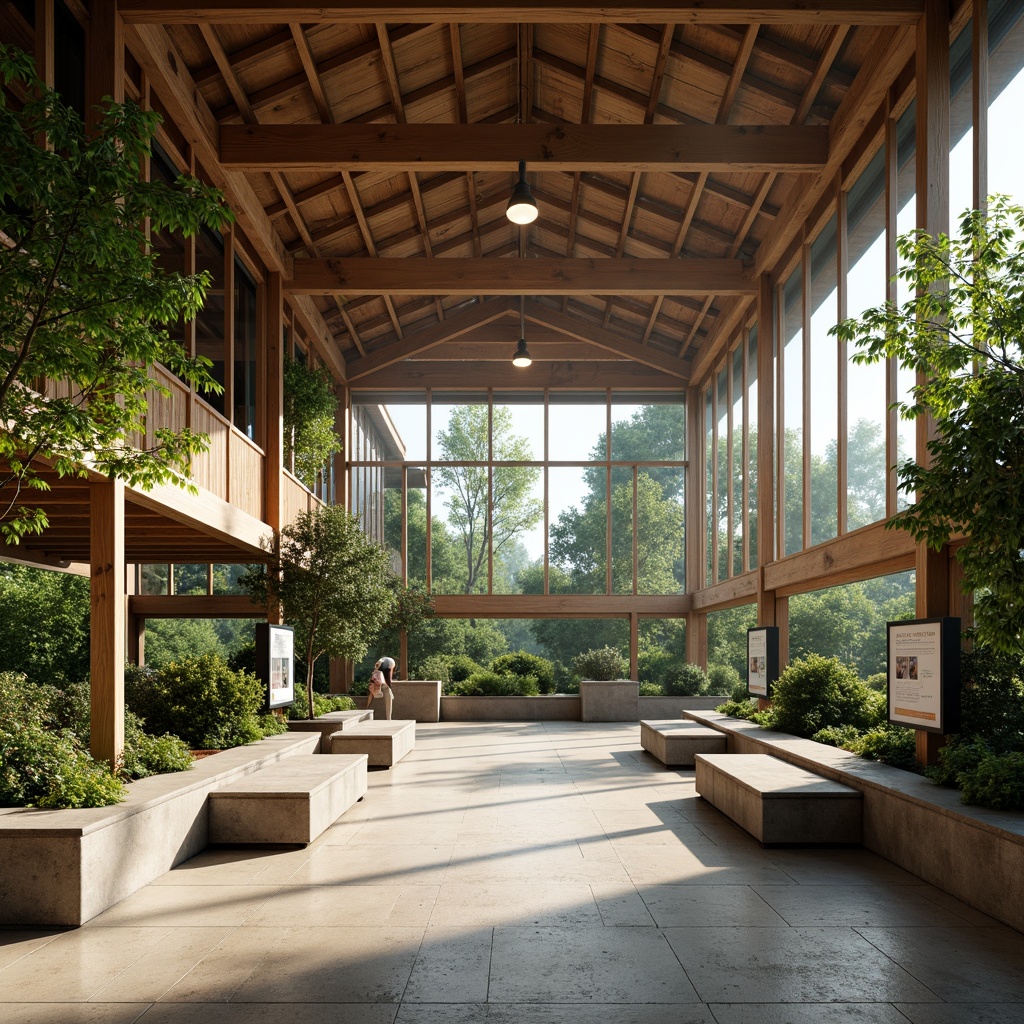 Prompt: Natural light-filled zoo interior, open spaces with high ceilings, rustic wooden beams, animal exhibits, large glass enclosures, greenery walls, tropical plants, misting systems, stone flooring, modern minimalist benches, educational signs, interactive displays, soft warm lighting, shallow depth of field, 1/1 composition, realistic textures, ambient occlusion.