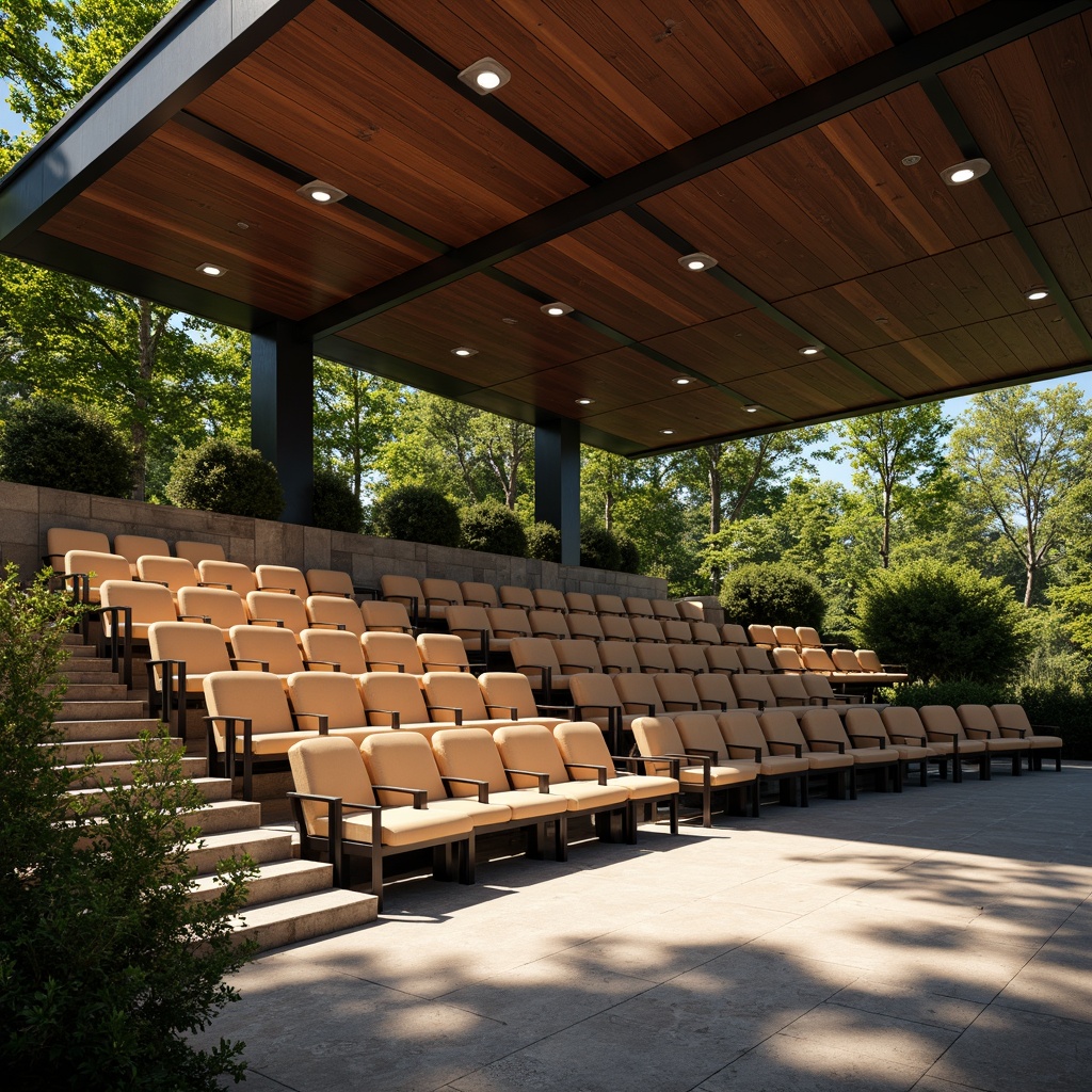 Prompt: Amphitheater seating area, contemporary style, curved rows, comfortable cushions, sleek metal frames, wooden accents, open-air atmosphere, lush greenery surroundings, natural stone flooring, modern lighting fixtures, warm color tones, shallow depth of field, 3/4 composition, panoramic view, realistic textures, ambient occlusion.