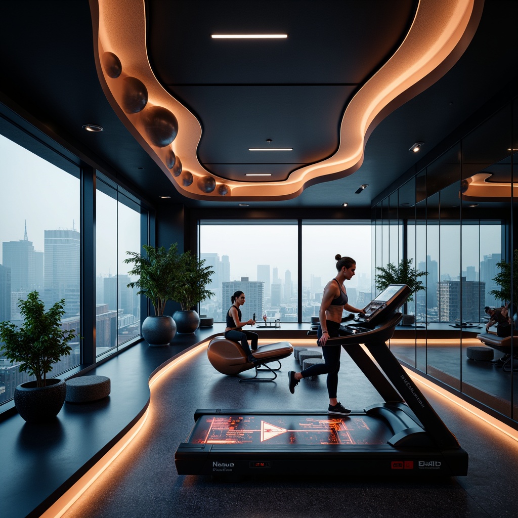 Prompt: Futuristic home gym, sleek aerodynamic shapes, metallic surfaces, neon accent lights, high-tech equipment, treadmill with holographic display, virtual reality fitness experiences, curved walls with integrated mirrors, minimalist design, monochromatic color scheme, indirect ambient lighting, 3/4 composition, shallow depth of field, realistic textures, ambient occlusion, urban cityscape view, misty atmospheric effects, soft warm glow.