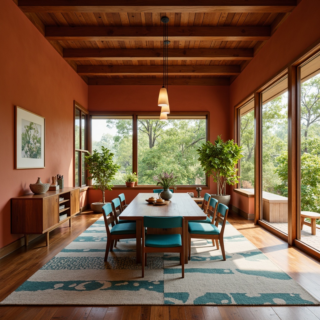 Prompt: Warm mid-century modern dining room, earthy terracotta walls, rich walnut wood furniture, vibrant turquoise accents, natural linen upholstery, geometric patterned rugs, minimalist pendant lights, wooden ceiling beams, large windows, lush greenery views, warm afternoon sunlight, soft ambient lighting, 1/1 composition, realistic textures, subtle depth of field.