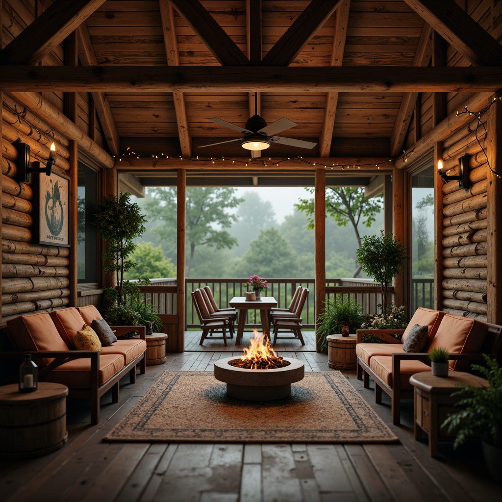 Prompt: Rustic cabin, wooden accents, natural stone walls, earthy color palette, vintage furniture, distressed wood textures, cozy fire pit, twinkling string lights, lush greenery surroundings, misty morning atmosphere, warm soft lighting, shallow depth of field, 1/2 composition, intimate close-up shots, realistic wear and tear details, ambient occlusion.