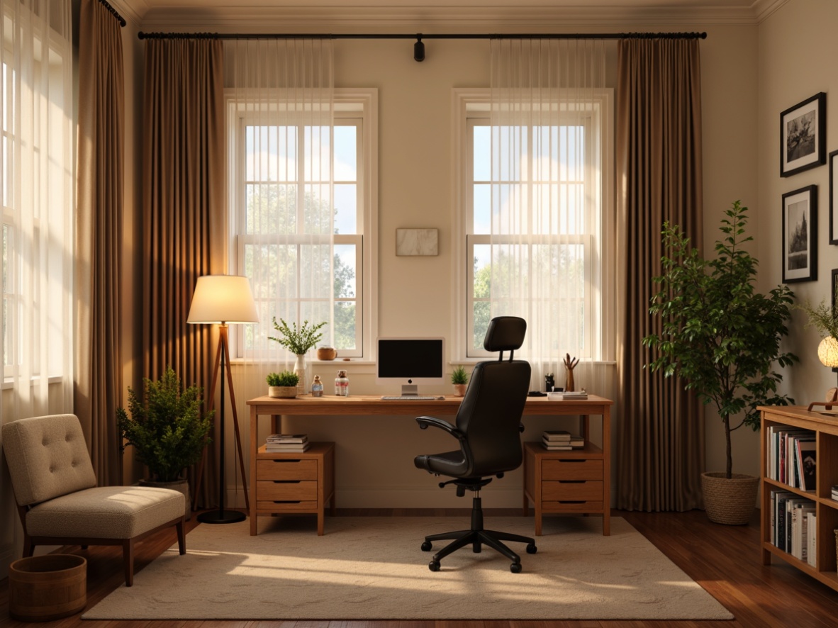 Prompt: Cozy home office, warm wooden desk, comfortable ergonomic chair, soft overhead lighting, table lamps, floor lamps, natural daylight, sheer curtains, warm beige walls, minimalist decor, green plants, calming artwork, organized bookshelves, subtle textures, 1/1 composition, softbox lighting, realistic shadows, ambient occlusion.