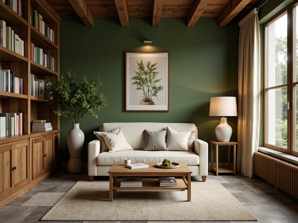 Prompt: Earthy moss green walls, natural stone floors, wooden accents, botanical prints, vintage furniture, cozy reading nooks, warm beige curtains, soft cream-colored sofas, rich walnut wood tones, subtle linen textures, gentle morning light, shallow depth of field, 1/2 composition, intimate atmosphere, realistic materials, ambient occlusion.