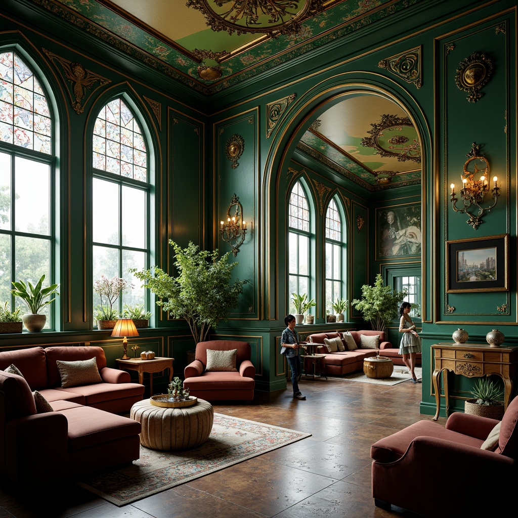 Prompt: Luxurious Art Nouveau interior, rich jewel-toned colors, emerald green walls, navy blue accents, golden ornate details, creamy whites, soft velvety textures, flowing organic patterns, curved lines, floral motifs, stained glass windows, intricate moldings, ornate furnishings, plush upholstery, warm candlelight, dramatic shadows, 1/2 composition, intimate atmosphere, realistic reflections, subtle gradient effects.