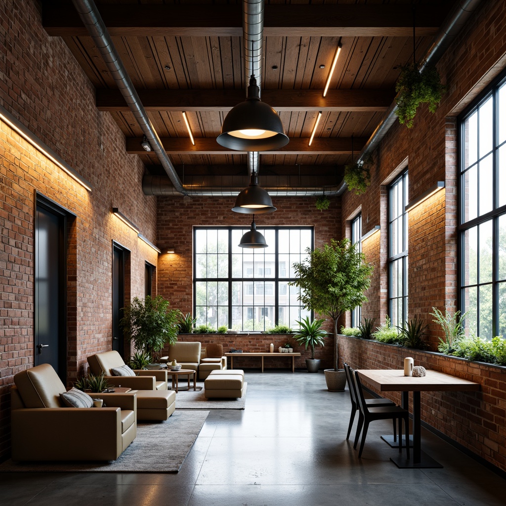 Prompt: Exposed brick walls, reclaimed wood accents, metal beams, high ceilings, urban loft atmosphere, industrial chic lighting fixtures, metal shade lamps, pendant lights, LED strip lights, concrete floors, polished metal surfaces, modern minimalist decor, functional furniture, greenery installations, natural ventilation, abundant daylight, soft warm glow, shallow depth of field, 3/4 composition, panoramic view, realistic textures, ambient occlusion.