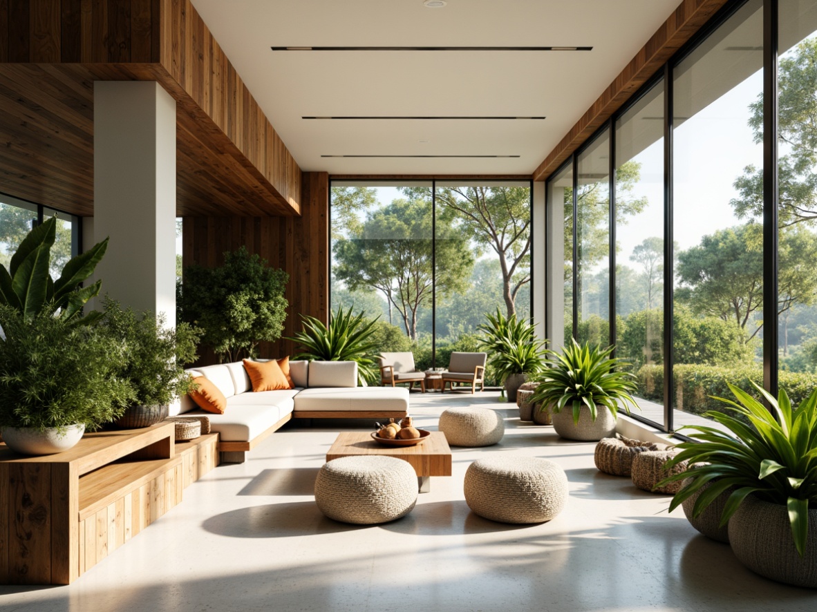 Prompt: Bright airy interior, large windows, sliding glass doors, minimal obstruction, reflective surfaces, natural textures, earthy tones, organic shapes, sustainable materials, reclaimed wood accents, living green walls, lush indoor plants, abundant daylight, warm soft lighting, shallow depth of field, 1/2 composition, panoramic view, realistic rendering, ambient occlusion.