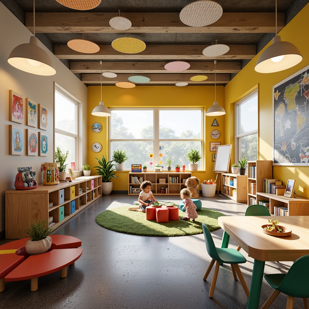 Prompt: Vibrant kindergarten classroom, playful color schemes, soft rounded edges, durable wooden tables, ergonomic chairs, interactive sensory walls, educational display shelves, cozy reading nooks, whimsical lighting fixtures, textured carpeted floors, eco-friendly materials, modular storage units, collaborative learning spaces, stimulating wall art, natural light pouring in, shallow depth of field, 1/1 composition, soft warm lighting, realistic textures.