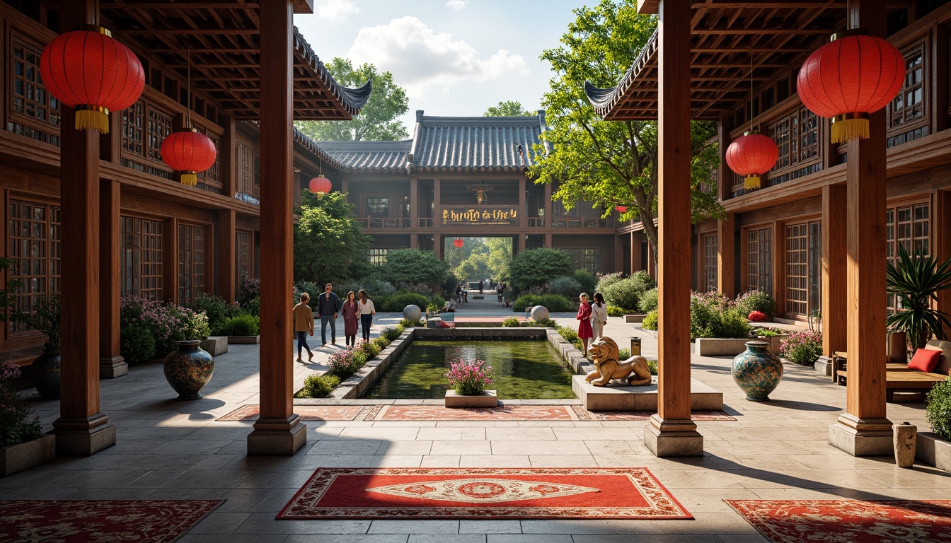 Prompt: Ornate cultural center, traditional Chinese architecture, intricately carved wooden doors, vibrant red lanterns, majestic stone lions, serene courtyard, lush greenery, tranquil koi pond, ornamental bridges, intricate tile work, colorful ceramic vases, richly patterned rugs, elegant chandeliers, warm soft lighting, shallow depth of field, 1/1 composition, realistic textures, ambient occlusion.