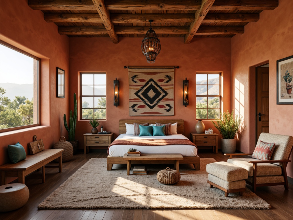 Prompt: Earthy southwestern bedroom, warm terracotta walls, rustic wooden flooring, plush area rug, woven Native American-inspired tapestry, sturdy wooden furniture, distressed leather armchair, ornate metal lanterns, vibrant turquoise accents, natural woven baskets, potted cacti, sunny desert landscape views, soft warm lighting, shallow depth of field, 3/4 composition, realistic textures, ambient occlusion.