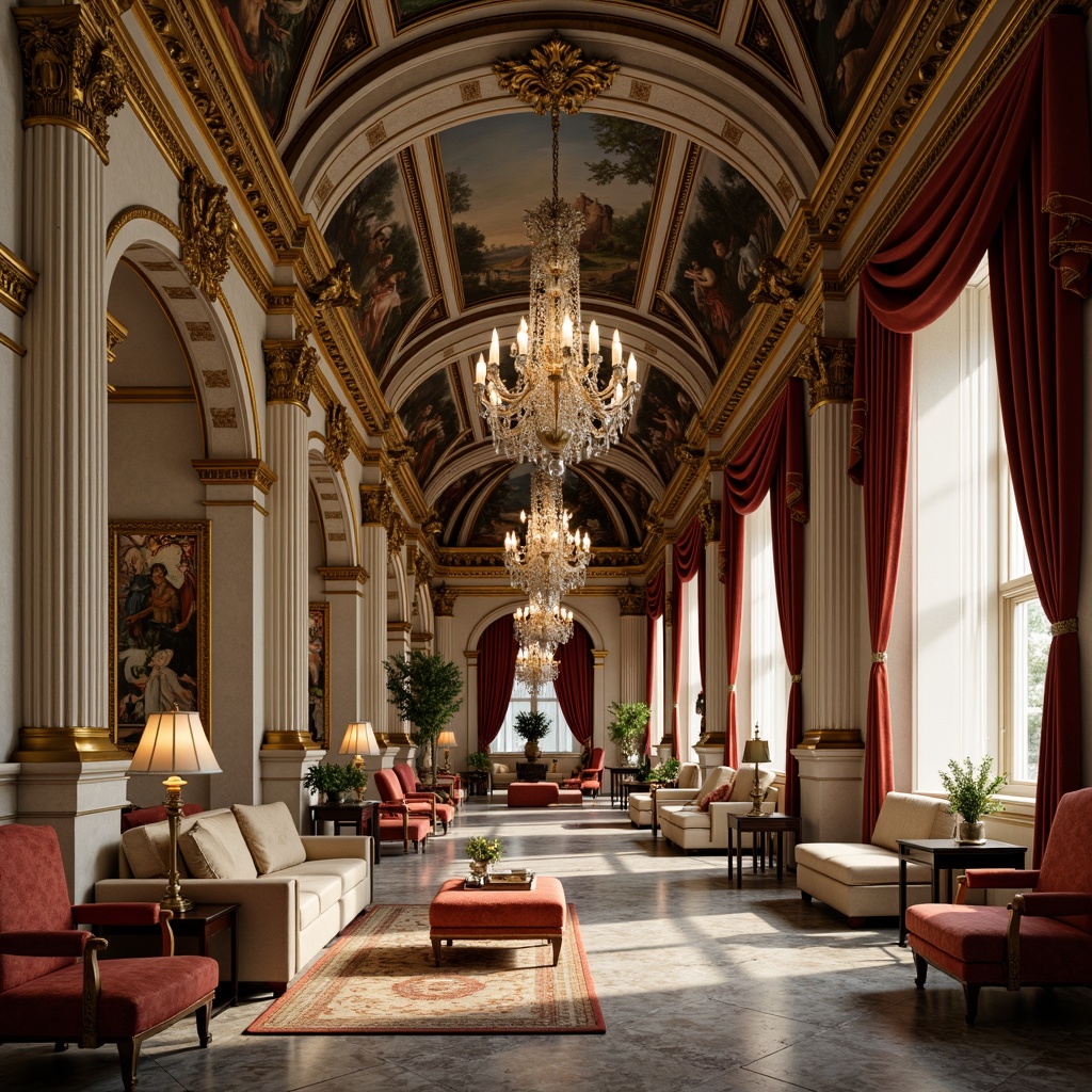 Prompt: Ornate palace interior, grand archways, elegant columns, luxurious furnishings, velvet drapes, intricate carvings, ornamental moldings, gilded accents, frescoed ceilings, marble floors, lavish chandeliers, soft warm lighting, shallow depth of field, 1/1 composition, realistic textures, ambient occlusion.