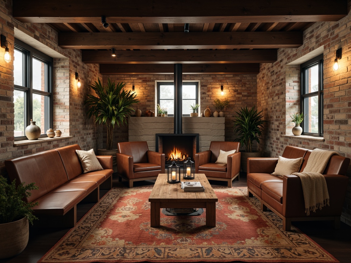 Prompt: Rustic wooden benches, distressed leather armchairs, vintage metal lanterns, reclaimed wood coffee tables, earthy tone area rugs, natural stone fireplaces, exposed brick walls, industrial-chic metal beams, minimalist decor, cozy throw blankets, warm candlelight, shallow depth of field, 1/1 composition, intimate atmosphere, realistic textures, ambient occlusion.