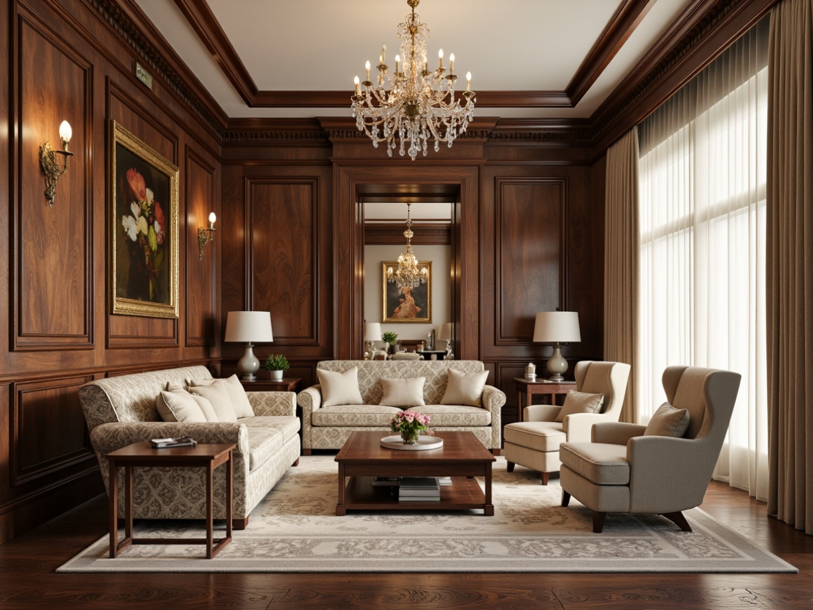 Prompt: Luxurious family room, rich wood paneling, ornate moldings, crystal chandeliers, plush velvet sofas, carved wooden armchairs, elegant coffee tables, intricate patterns, subtle color palette, warm beige tones, soft cream accents, lavish drapery, floor-to-ceiling windows, natural light pouring in, subtle sheen fabrics, sophisticated neoclassical architecture, ornate details, refined textures, shallow depth of field, 1/1 composition, realistic rendering.