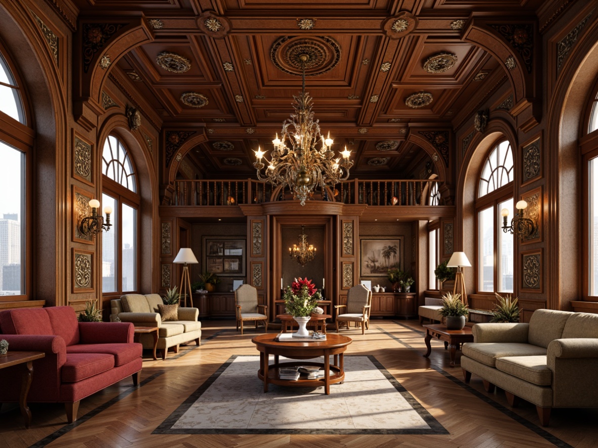 Prompt: Renaissance-style interior, opulent furnishings, rich wood tones, ornate carvings, grand chandeliers, luxurious textiles, intricate patterns, marble flooring, inlaid stone designs, polished hardwood floors, warm earthy colors, elegant archways, tall ceilings, ornamental moldings, sophisticated ambiance, dramatic lighting, soft warm glow.