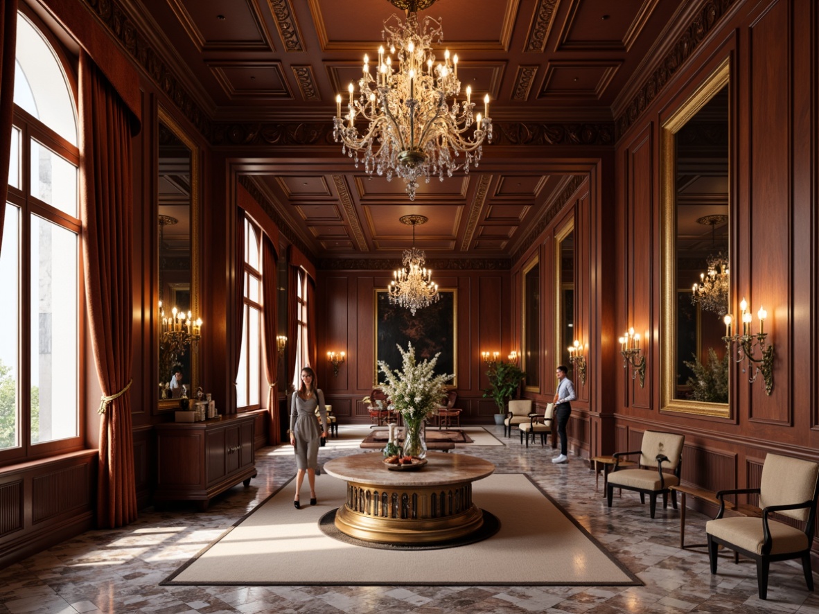 Prompt: Elegant classical interior, ornate moldings, luxurious velvet fabrics, rich wood tones, polished marble floors, crystal chandeliers, gilded frames, intricate carvings, soft warm lighting, subtle shadows, 1/1 composition, realistic textures, ambient occlusion.