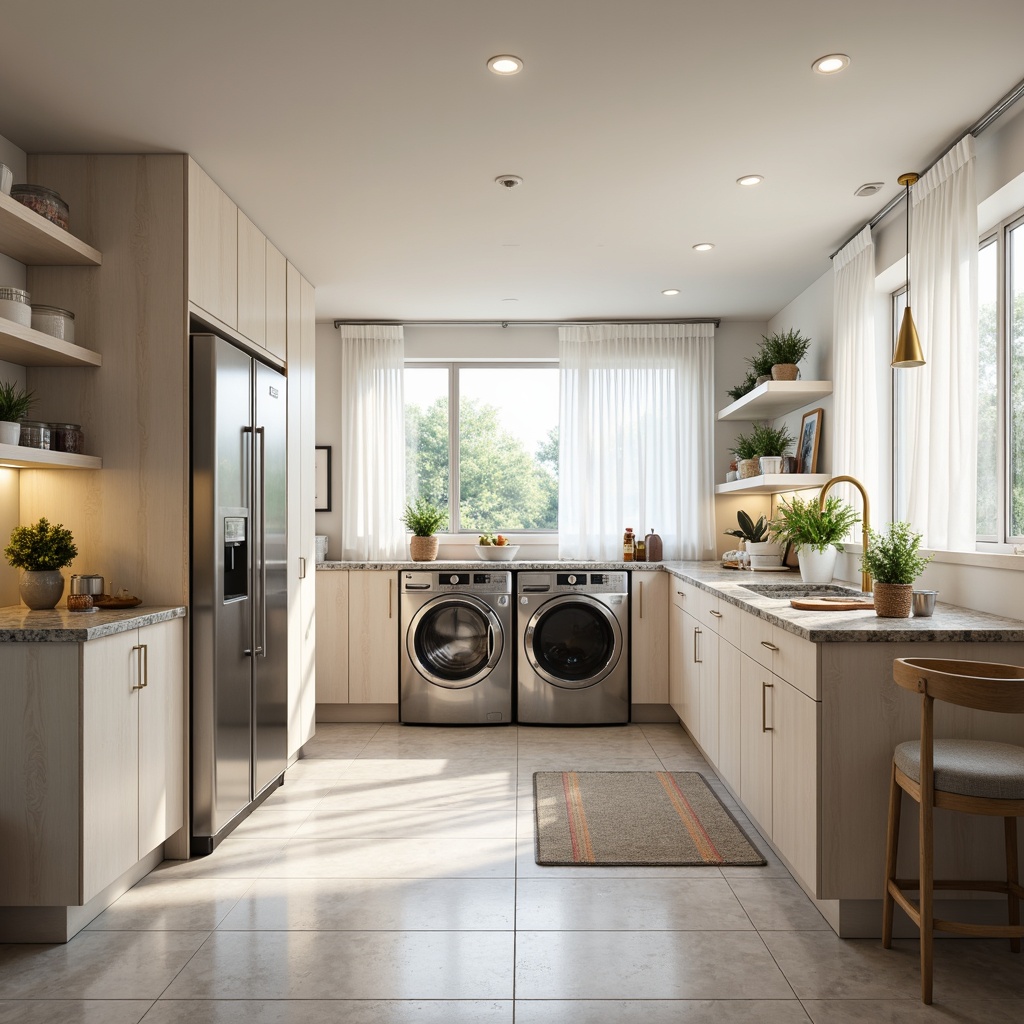 Prompt: Bright laundry room, gleaming stainless steel appliances, soft pastel colors, natural stone countertops, modern pendant lighting, warm task lighting, under-cabinet LED strips, recessed ceiling lights, large windows, sheer white curtains, ambient indirect lighting, 1/1 composition, realistic textures, shallow depth of field.