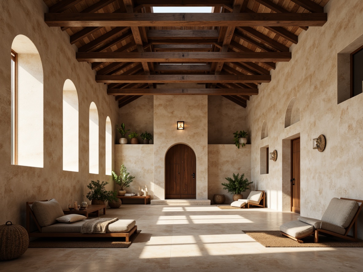 Prompt: Serene monastery interior, high ceilings, natural stone walls, wooden accents, minimalist decor, simplistic furniture, calming atmosphere, warm soft lighting, shallow depth of field, 1/1 composition, intimate scale, cozy nooks, prayer areas, meditation spaces, subtle archways, vaulted ceilings, clerestory windows, rustic wood beams, earthy color palette, natural textiles, woven baskets, handmade ceramics, ambient occlusion.