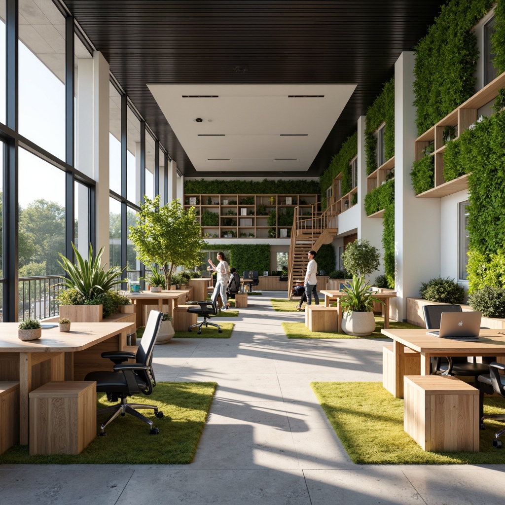 Prompt: Modern office building, open-plan workspace, sleek wooden desks, ergonomic chairs, ample natural light, floor-to-ceiling windows, minimalist decor, collaborative workstations, modular shelving units, comfortable breakout areas, vibrant green walls, living plants, calming color scheme, soft warm lighting, 1/1 composition, shallow depth of field, realistic textures.