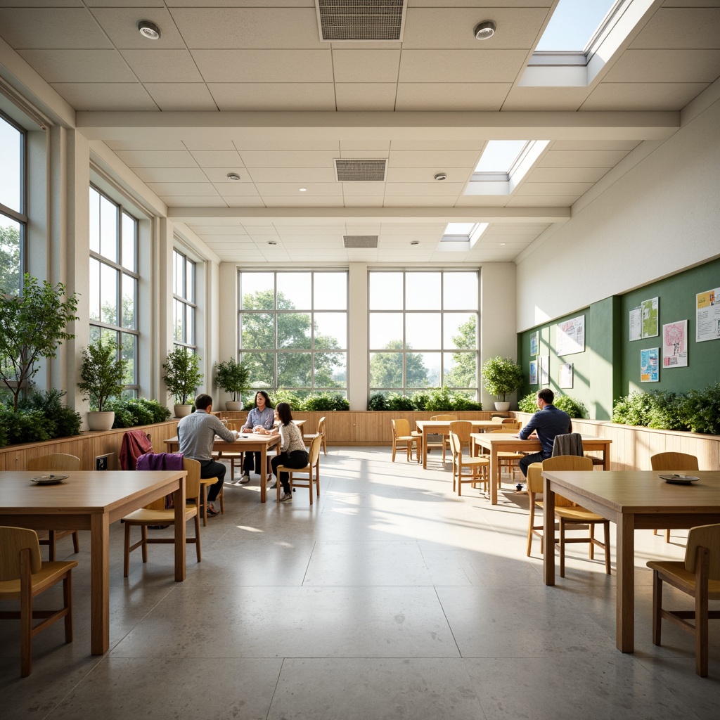 Prompt: Bright classrooms, abundant natural light, large windows, skylights, clerestory windows, minimalist interior design, neutral color palette, wooden furniture, greenery walls, living plants, educational posters, interactive whiteboards, collaborative learning spaces, flexible seating arrangements, soft warm lighting, shallow depth of field, 1/1 composition, realistic textures, ambient occlusion.