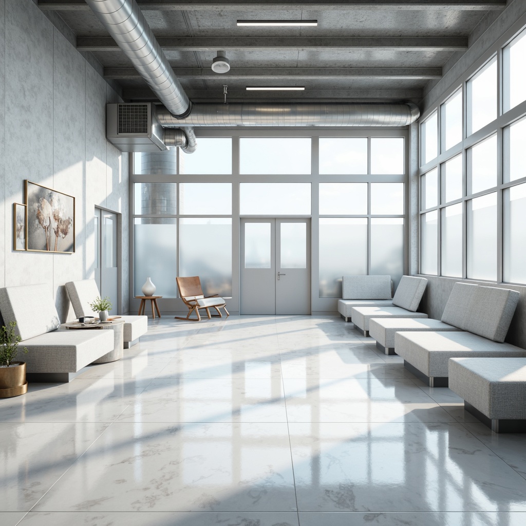 Prompt: Clean minimalist space, white marble floors, metallic accents, sleek chrome fixtures, polished silver surfaces, frosted glass walls, neutral color scheme, modern industrial design, urban loft atmosphere, bright natural light, soft shadows, subtle reflections, 1/1 composition, shallow depth of field, realistic textures, ambient occlusion.