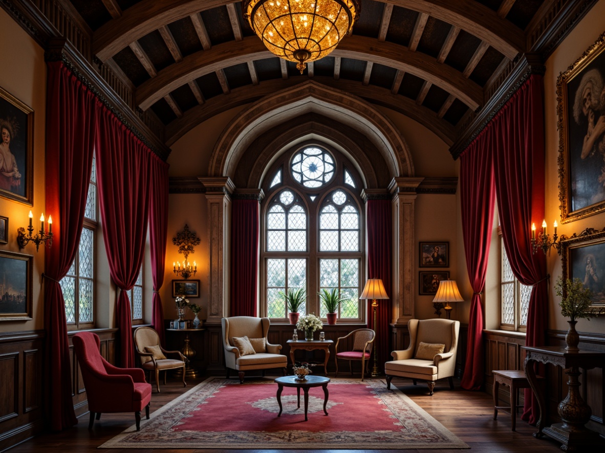 Prompt: Elegant Gothic chamber, grand chandelier, ornate metalwork, crimson velvet drapes, mystical stained glass windows, dark wood paneling, mysterious candlelight, antique bronze sconces, intricate stone carvings, dramatic vaulted ceiling, warm golden lighting, soft shadows, 1/2 composition, romantic ambiance, luxurious fabrics, mysterious atmosphere.