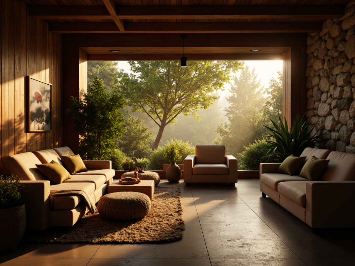 Prompt: Moody interior scene, warm golden lighting, soft shadows, rich wood accents, comfortable seating areas, plush throw blankets, vibrant greenery, natural stone walls, rustic metal fixtures, ambient glow, subtle color grading, cinematic depth of field, 1/2 composition, realistic textures, atmospheric fog.