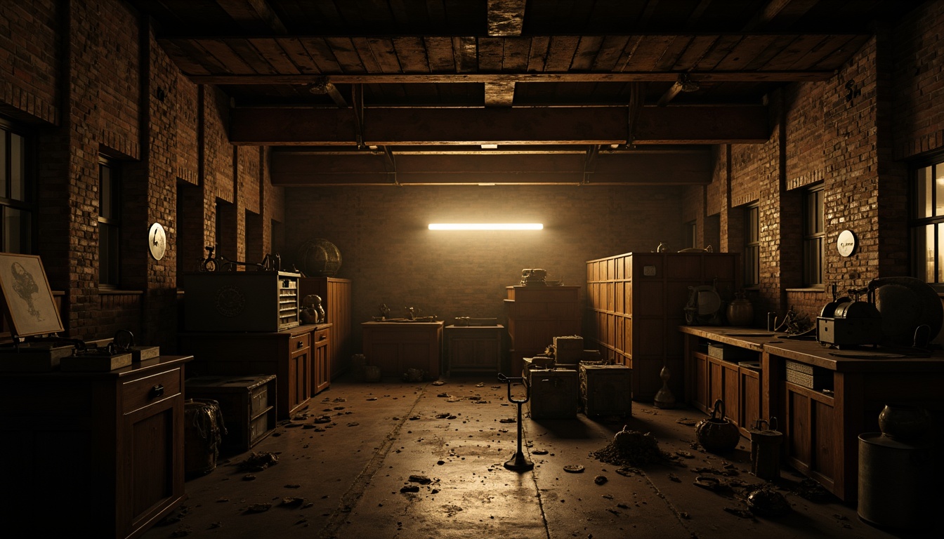 Prompt: Dimly lit storage rooms, eerie shadows, exposed brick walls, rusty metal beams, old wooden crates, mysterious ambiance, warm golden lighting, softbox lights, gradient maps, high contrast ratios, dramatic spotlighting, intense highlights, dark moody tones, industrial textures, distressed finishes, vintage machinery, abandoned furniture, creepy atmosphere, cinematic composition, low-key illumination, expressionist color palette.