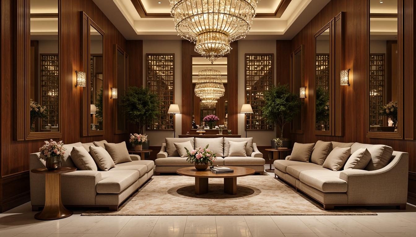 Prompt: Luxurious living room, plush velvet sofas, polished chrome accents, rich walnut wood furniture, ornate mirrors, geometric patterns, metallic leaf details, lavish chandeliers, cream-colored marble floors, soft golden lighting, shallow depth of field, 2/3 composition, warm atmospheric ambiance, realistic textures, ambient occlusion.