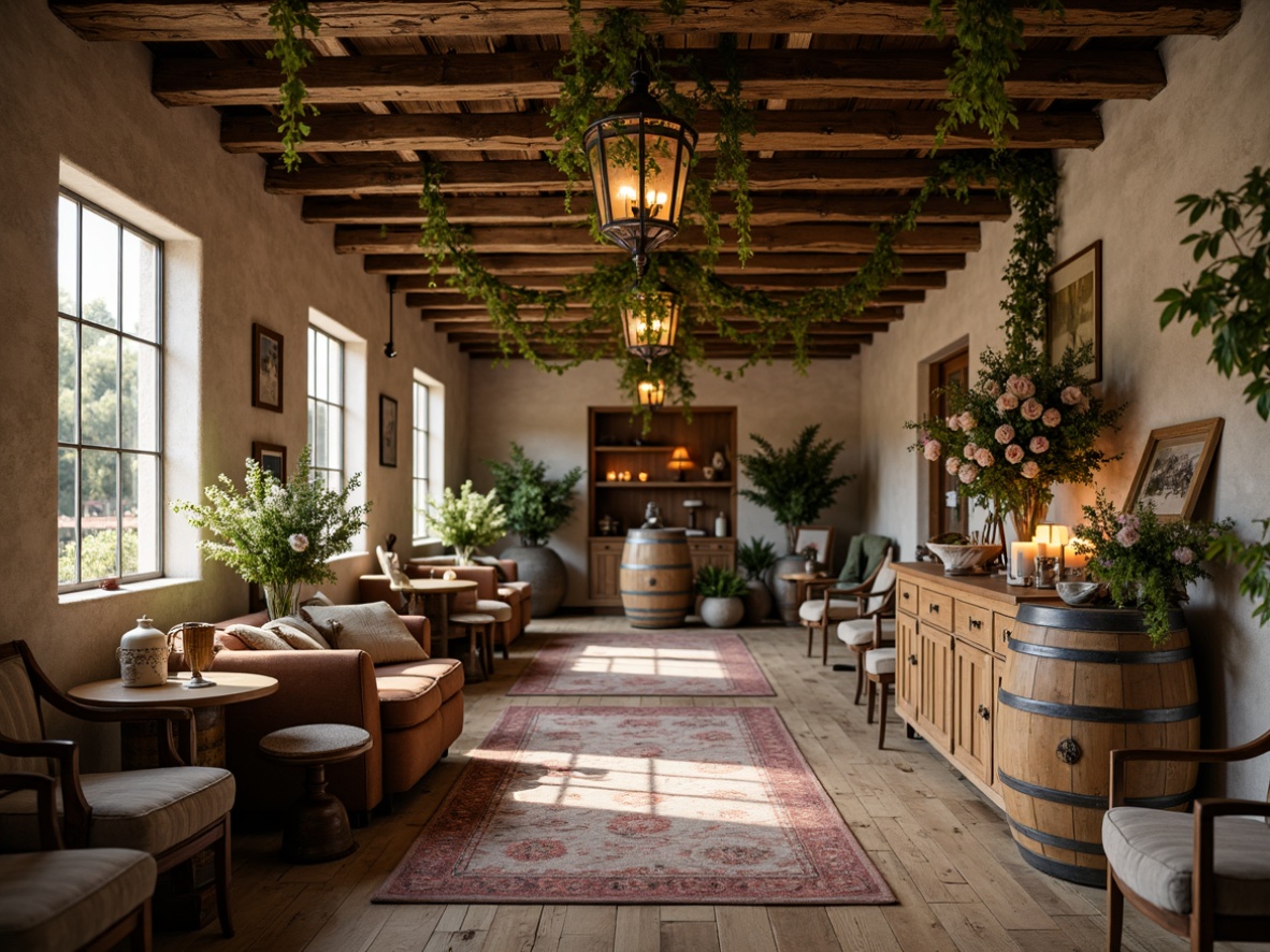 Prompt: Rustic winery, distressed wooden accents, vintage metalware, soft pastel colors, floral patterns, lace details, ornate ironwork, candlelit ambiance, warm golden lighting, natural stone walls, reclaimed wood floors, exposed beam ceilings, lush greenery, blooming vines, French country-inspired decor, delicate ceramics, antique furnishings, woven textiles, romantic bouquets, whimsical artwork, soft focus, shallow depth of field, 1/2 composition.