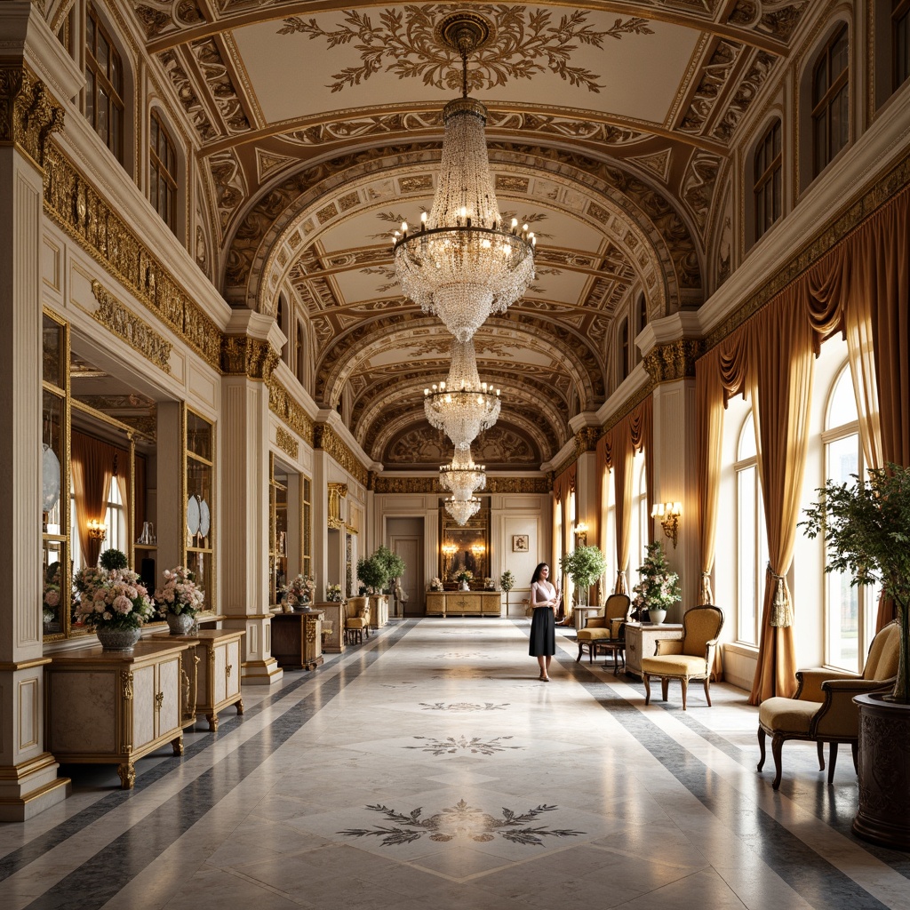 Prompt: Ornate palace interior, curved lines, gold leaf accents, crystal chandeliers, marble floors, velvet drapes, antique furniture, intricately carved wooden panels, soft warm lighting, shallow depth of field, 1/1 composition, realistic textures, ambient occlusion, lavish ornamentation, ornamental mirrors, decorative vases, floral patterns, pastel colors, gentle color palette, subtle gradient effects.