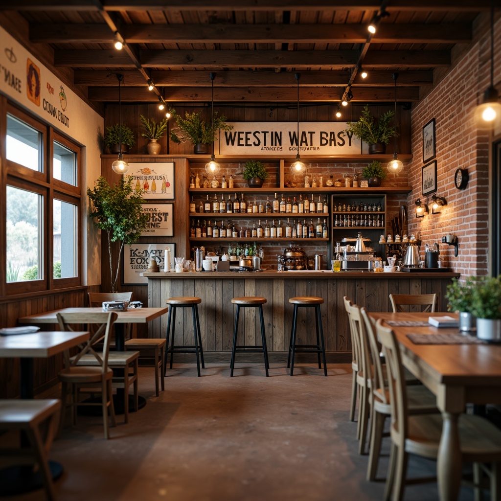 Prompt: Cozy farmhouse home bar, rustic wooden accents, vintage metal signs, reclaimed wood shelving, warm earthy tones, pendant lamps, Edison bulbs, distressed finishes, copper accents, modern industrial lighting, exposed brick walls, comfortable seating areas, warm ambient glow, soft warm lighting, 1/1 composition, shallow depth of field, realistic textures.