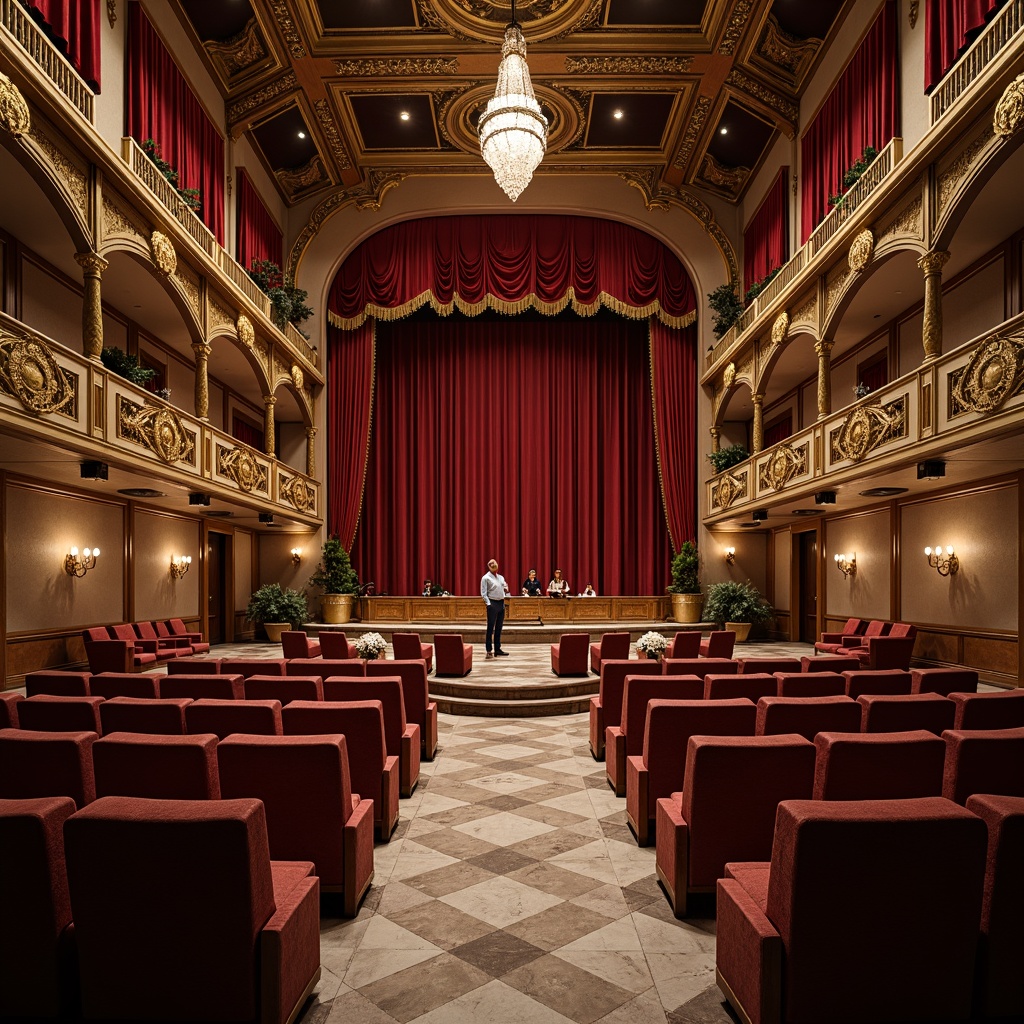 Prompt: Ornate theater interior, neoclassical style furniture, velvet drapes, gold accents, crystal chandeliers, marble floors, ornamental moldings, plush armchairs, wooden benches, intricately carved tables, rich fabrics, luxurious upholstery, subtle lighting, soft warm glow, dramatic spotlights, symmetrical composition, 1/2 format, high-contrast colors, realistic textures, ambient occlusion.