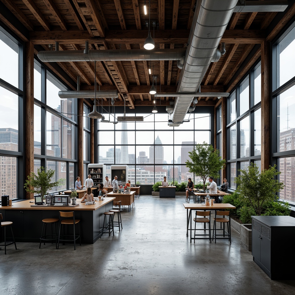 Prompt: Rustic science center, industrial chic style, exposed ductwork, metal beams, reclaimed wood accents, polished concrete floors, large glass windows, natural light pouring in, modern laboratory equipment, futuristic scientific instruments, minimalist decor, bold color schemes, urban cityscape views, overcast sky, dramatic shadows, high contrast lighting, 1/1 composition, symmetrical framing, realistic metallic textures, ambient occlusion.