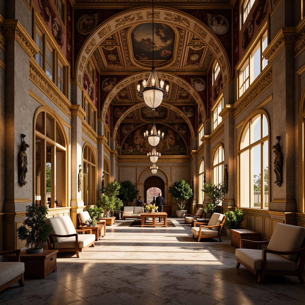 Prompt: Elegant Renaissance-style interior, ornate arches, vaulted ceilings, grand entranceways, lavish furnishings, intricate carvings, marble floors, rich tapestries, ornamental columns, majestic chandeliers, warm golden lighting, soft shadows, shallow depth of field, 1/1 composition, realistic textures, ambient occlusion.