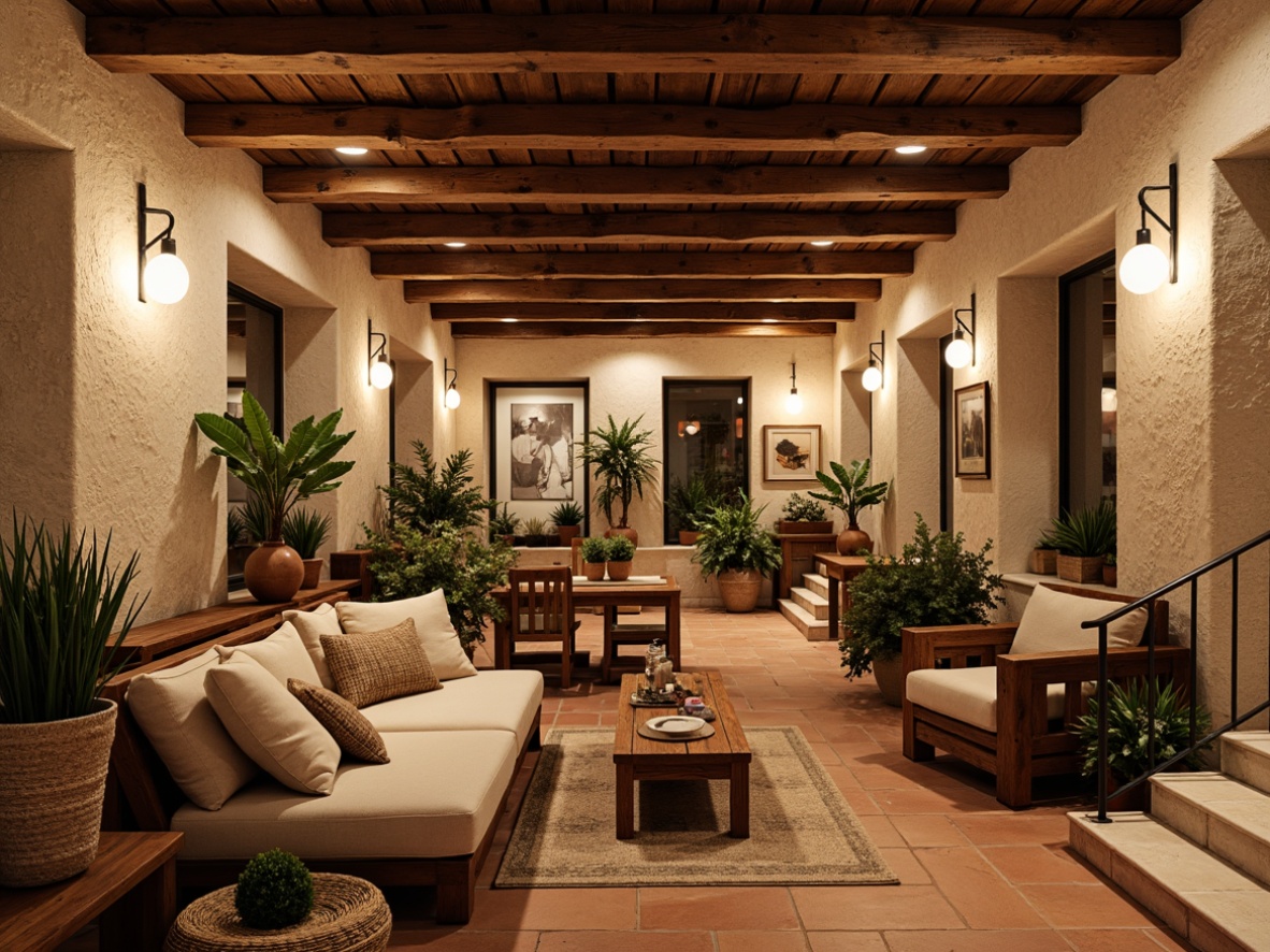 Prompt: Cozy Mediterranean basement, exposed wooden beams, natural stone walls, earthy color palette, rustic metal accents, soft warm lighting, comfortable seating areas, plush textiles, woven baskets, potted plants, arched windows, wrought iron railings, terracotta tiles, distressed wood furniture, vintage decorative items, warm beige tones, intimate ambiance, 1/2 composition, shallow depth of field, realistic textures.