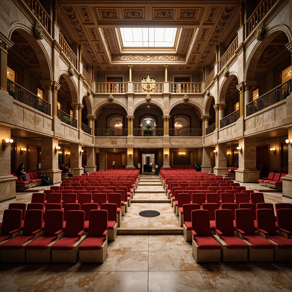 Prompt: Elegant amphitheater, tiered seating arrangement, ornate stone columns, curved marble benches, plush velvet upholstery, gold accents, intricate carvings, grandiose entrance, sweeping staircases, majestic archways, soft warm lighting, shallow depth of field, 3/4 composition, panoramic view, realistic textures, ambient occlusion.