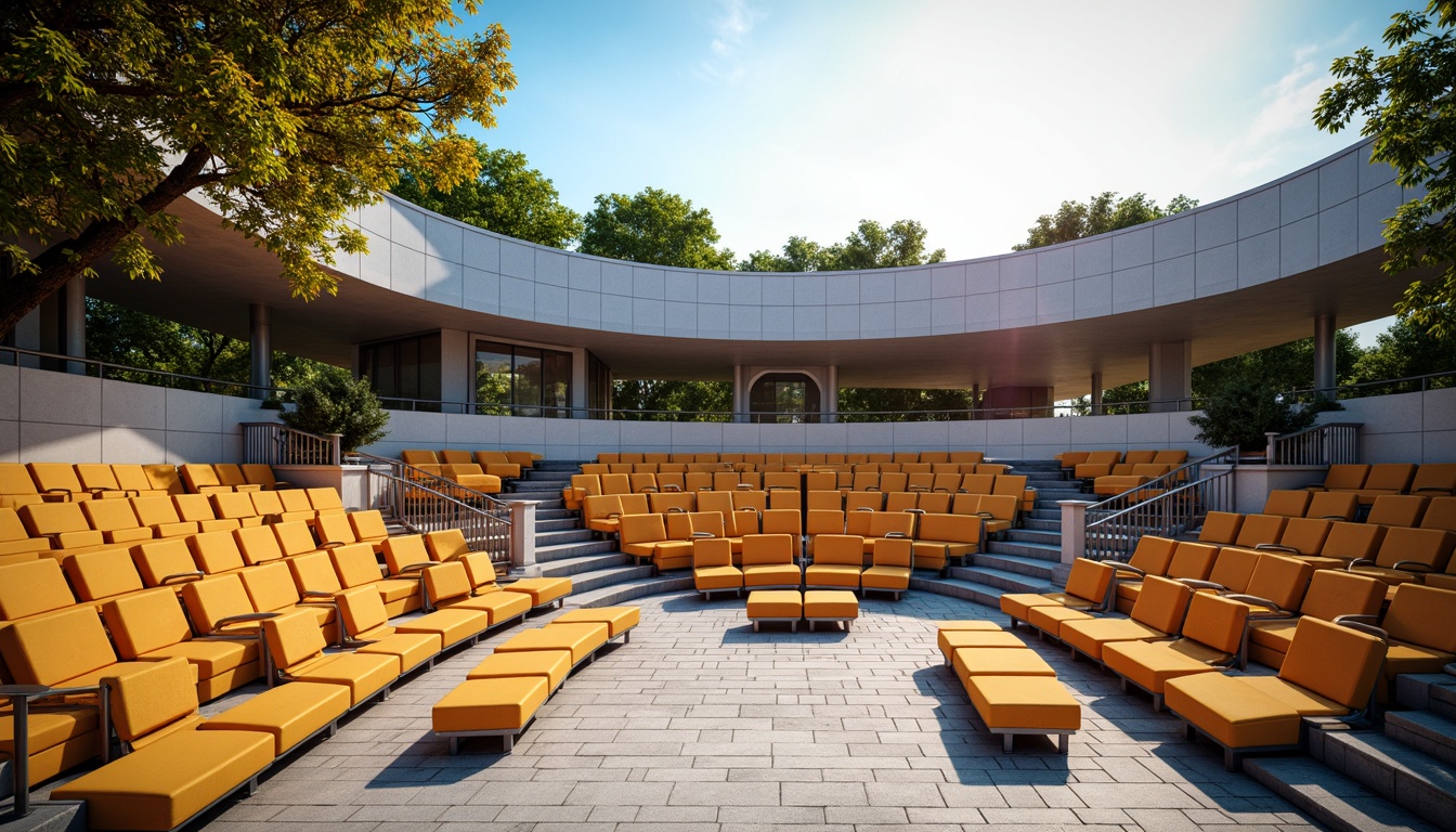 Prompt: Sleek amphitheater design, contemporary architecture, curved seating arrangement, vibrant color scheme, modern materials, stainless steel frames, cushioned seats, ergonomic backrests, adjustable armrests, stepped levels, open-air atmosphere, natural stone flooring, lush greenery surroundings, sunny day, soft warm lighting, shallow depth of field, 3/4 composition, panoramic view, realistic textures, ambient occlusion.