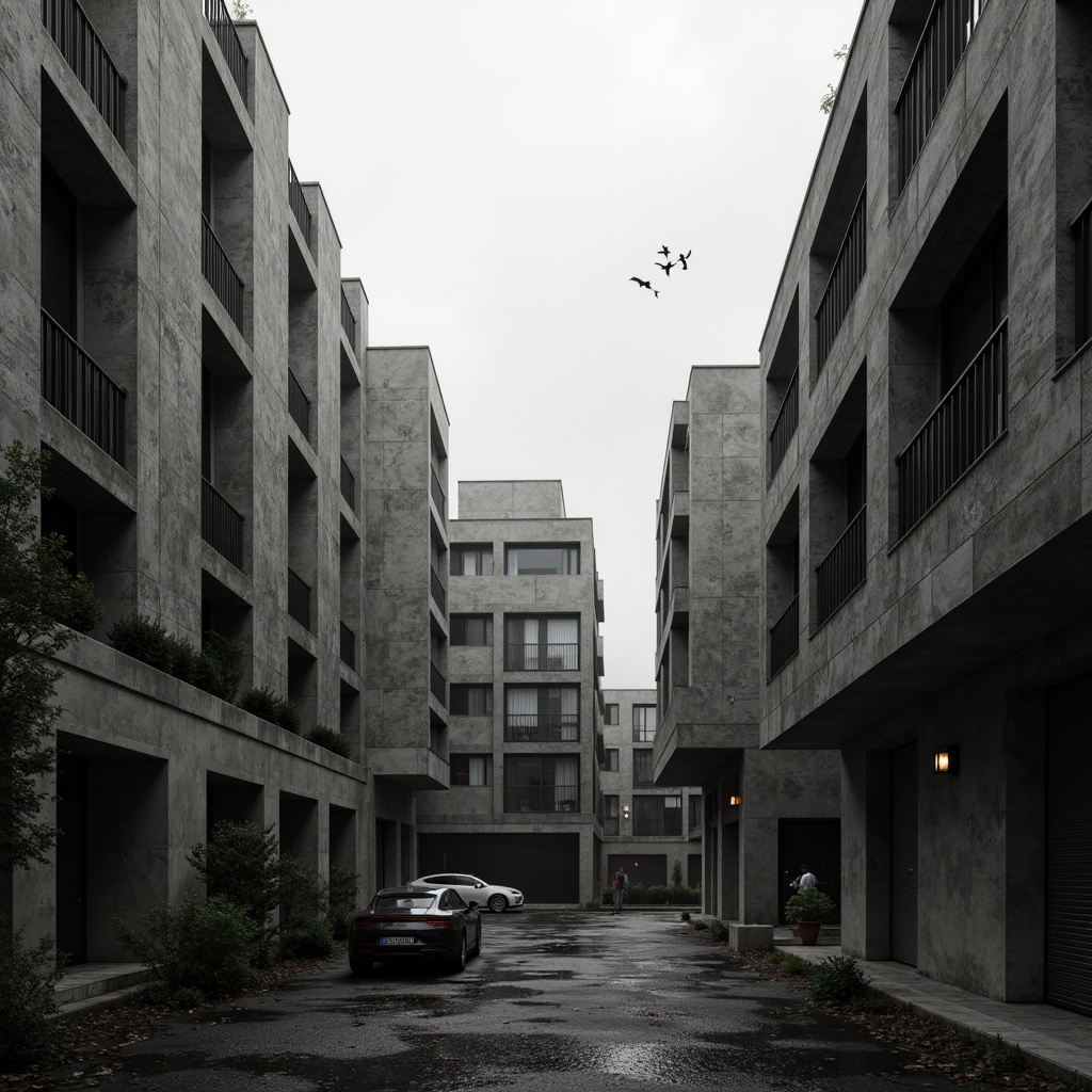 Prompt: Monochromatic brutalist architecture, raw concrete textures, industrial metal accents, muted earth tones, weathered wood elements, bold geometric shapes, fortress-like structures, dramatic shadows, intense high-contrast lighting, cinematic atmosphere, 1-point perspective, low-angle shots, gritty realistic rendering, atmospheric fog effects, desaturated color grading.