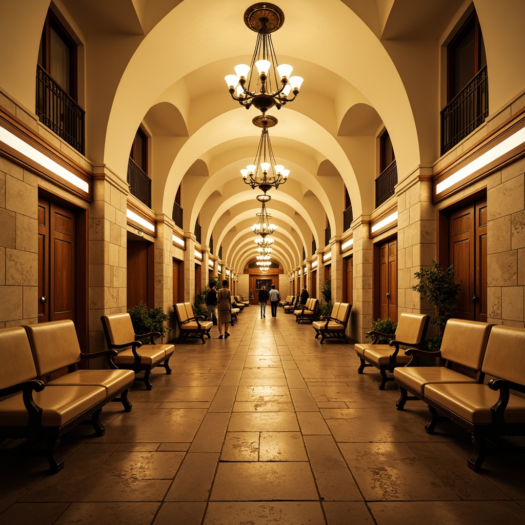 Prompt: Elegant metro station, French country charm, warm golden lighting, soft cream walls, rustic stone floors, ornate metal railings, vintage chandeliers, warm beige benches, intricate wooden panels, classic lanterns, subtle LED strips, ambient warm glow, dramatic spotlights, shallow depth of field, 1/2 composition, symmetrical framing, realistic textures, atmospheric misting.