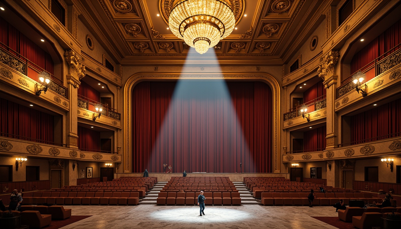 Prompt: Grandiose theater interior, ornate golden details, velvet curtains, crystal chandeliers, marble flooring, intricate moldings, neoclassical columns, ornamental plasterwork, luxurious upholstery, rich wood tones, gilded frames, dramatic spotlights, soft warm glow, 1/1 composition, symmetrical balance, high-contrast lighting, detailed textures, ambient occlusion.