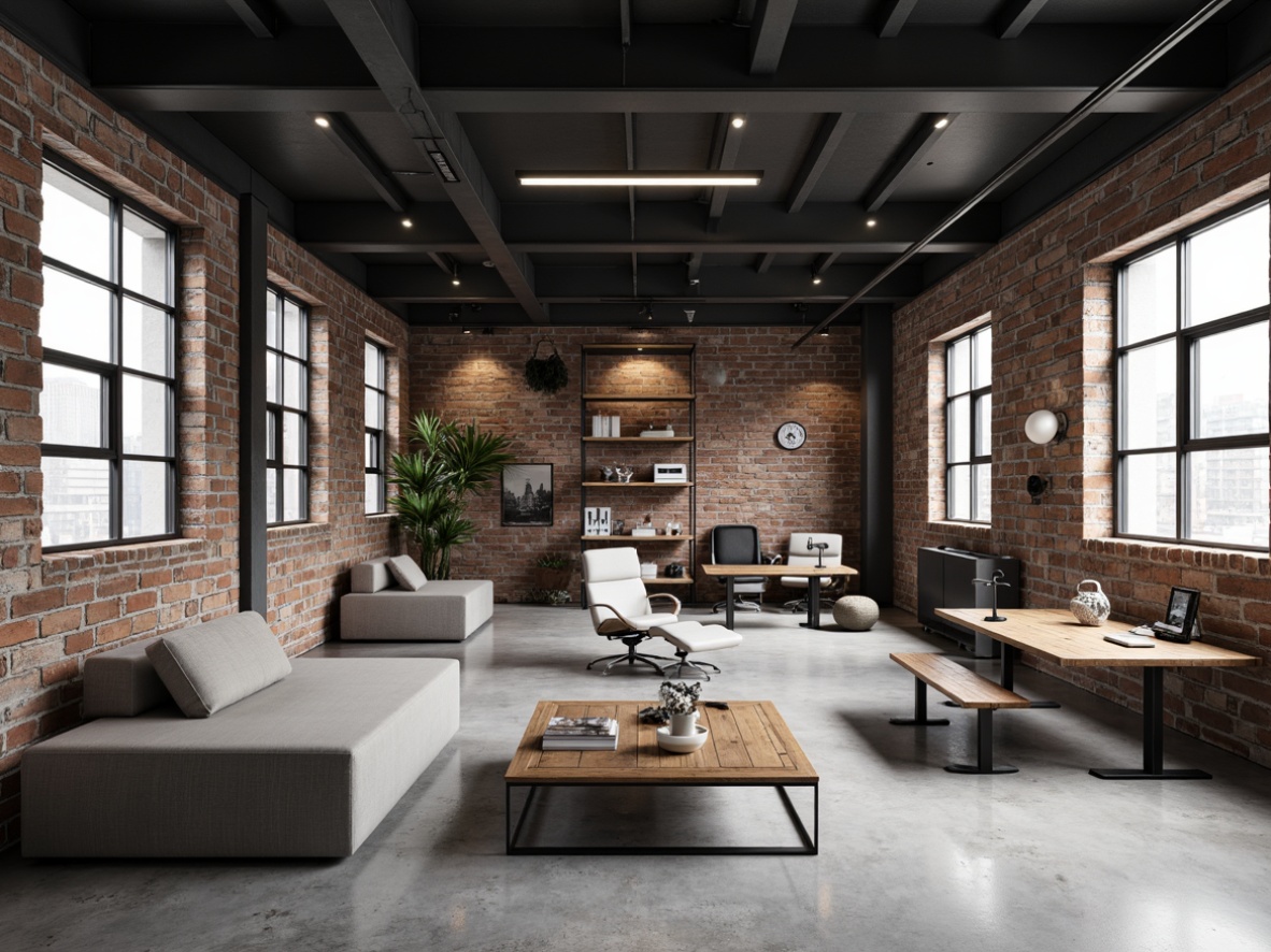 Prompt: Industrial-chic interior, exposed brick walls, metal beams, polished concrete floors, minimalist decor, functional smart furniture, modular sofas, ergonomic chairs, reclaimed wood tables, metallic shelving units, adjustable lighting systems, industrial-style lamps, urban loft atmosphere, modern technological integration, sleek lines, monochromatic color scheme, high ceilings, natural light influx, shallow depth of field, 3/4 composition, realistic textures.