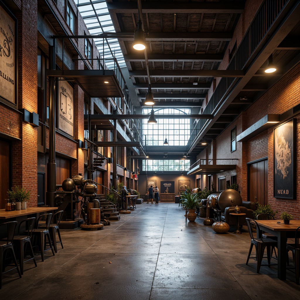 Prompt: Exposed brick walls, metal grid ceilings, industrial-style lighting fixtures, reclaimed wood accents, distressed metal doors, vintage manufacturing equipment, rustic wooden beams, urban loft atmosphere, dramatic spotlights, catwalks, steel staircases, mechanical pipes, concrete floors, metallic color scheme, moody low-key lighting, shallow depth of field, 2/3 composition, cinematic framing, realistic textures, ambient occlusion.