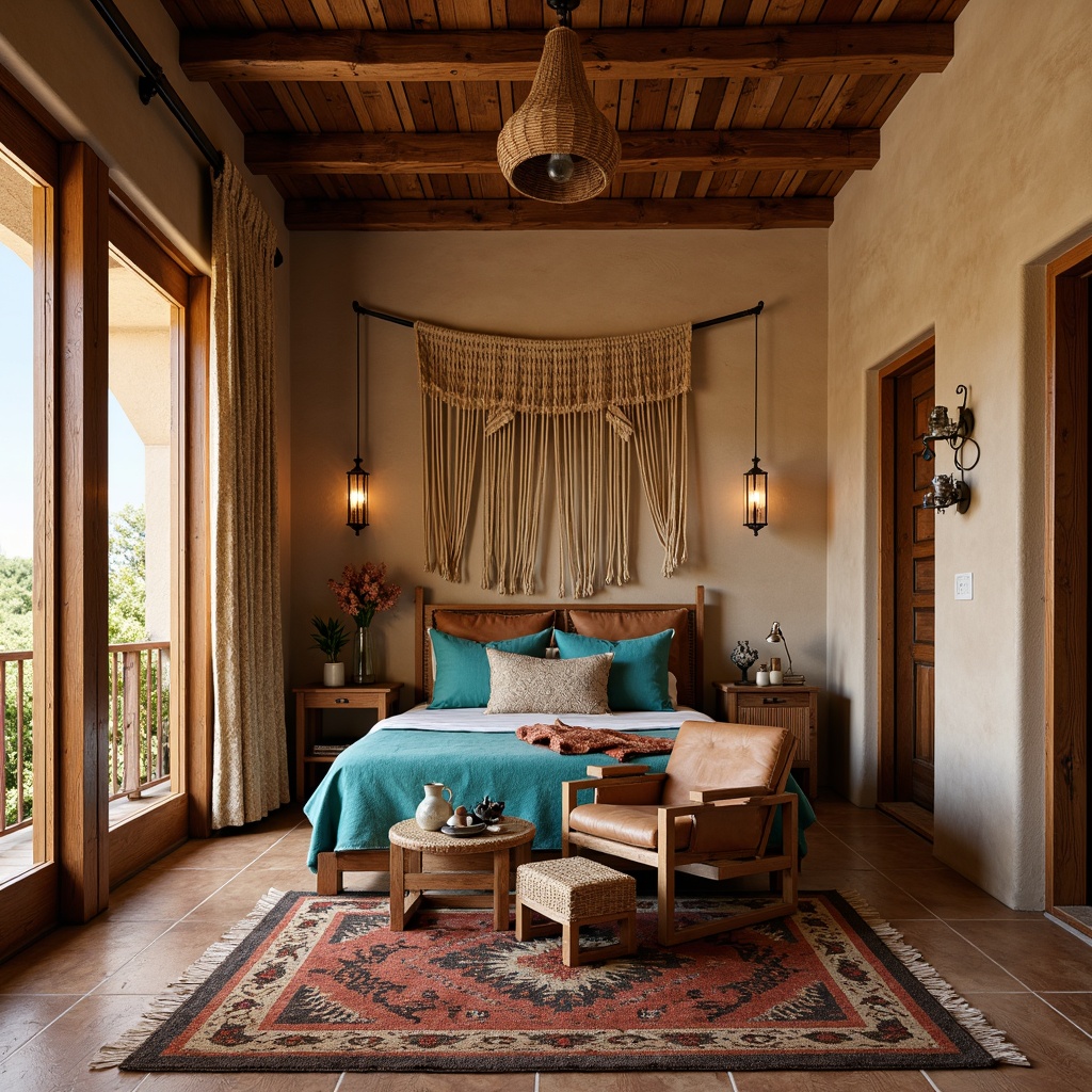 Prompt: Earthy Southwestern bedroom, rustic wooden furniture, woven wicker accents, turquoise and terracotta color palette, plush Native American-inspired textiles, geometric patterned rugs, chunky wooden headboard, distressed leather armchair, vintage metal lanterns, natural fiber drapes, adobe-style architecture, warm golden lighting, shallow depth of field, 1/1 composition, realistic textures, ambient occlusion.