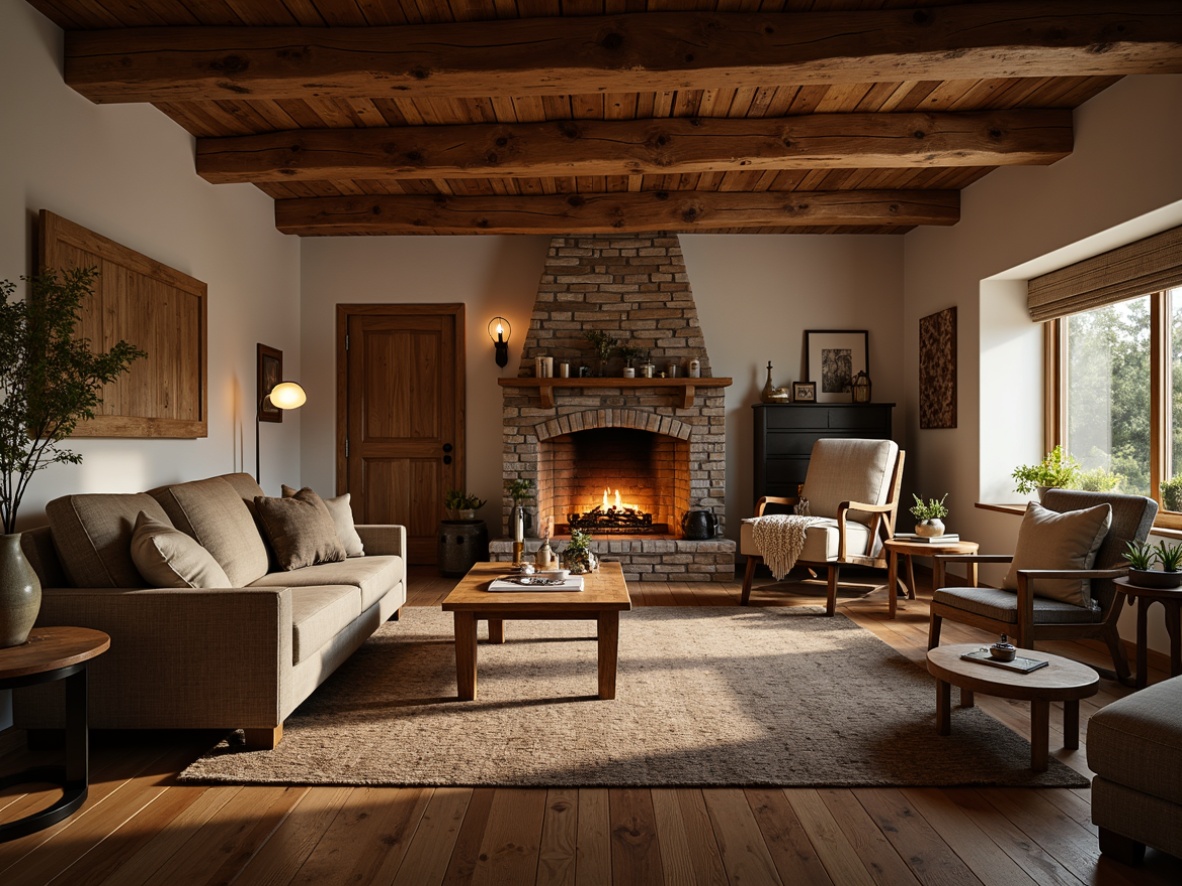 Prompt: Cozy living room, rustic wooden accents, natural oak furniture, earthy tones, woven textiles, vintage decorative items, warm candlelight, plush area rugs, wooden ceiling beams, stone fireplace, comfortable seating, soft warm lighting, shallow depth of field, 2/3 composition, inviting atmosphere, realistic wood textures, ambient occlusion.