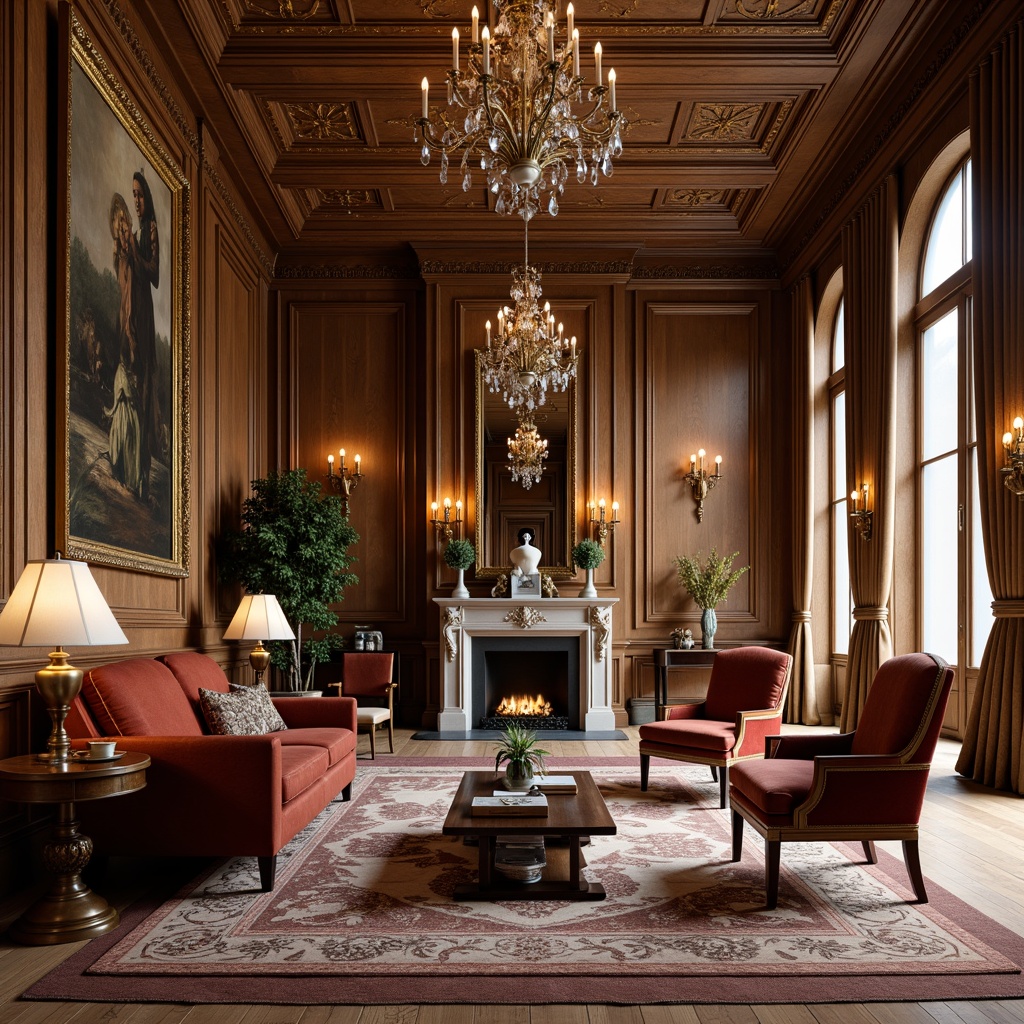 Prompt: Elegant classic mansion, ornate furnishings, rich wood tones, velvet upholstery, golden accents, carved wooden legs, plush area rugs, crystal chandeliers, formal living room, sophisticated atmosphere, warm neutral colors, soft natural light, 1/2 composition, realistic textures, ambient occlusion.